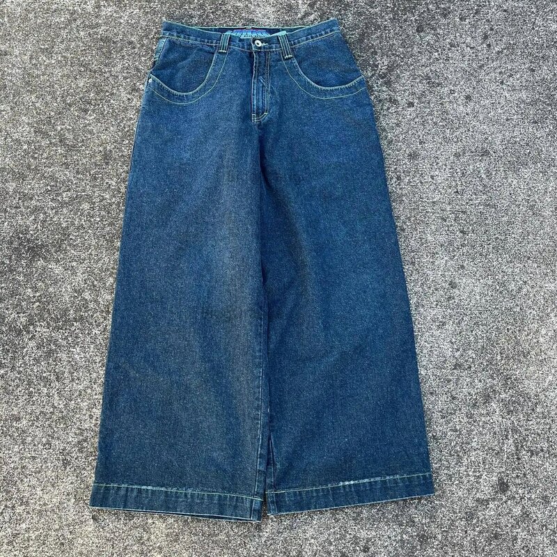 جينز أزرق عالي الخصر للرجال والنساء ، بنطلون مستقيم فضفاض ، ساق واسعة ، شارع مرتفع Y2K ، موضة هاراجوكو ، موضة قوطية