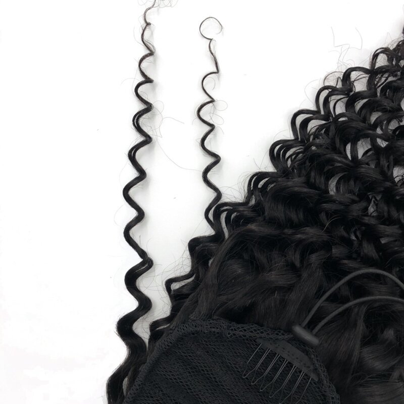 Long Kinky Curly Drawstring Ponytail Human Hair Remy Peruvian Clip in Human Hair Extensions Ponytail Natural Black for Women