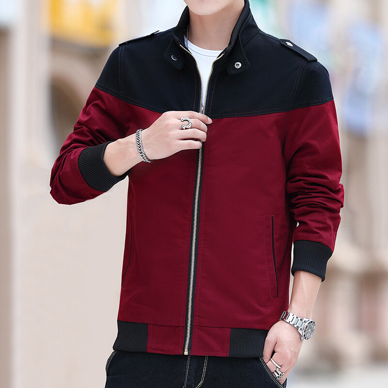 Pure Cotton Jacket Spring Men's Casual Color Blocking Zipper Stand Up Collar Coat Outdoor Fashion Versatile Baseball Clothing