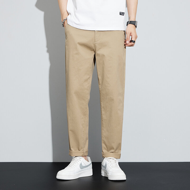 Letnie 97.8% bawełniane męskie spodnie do kostek, cienkie, proste, Grey Khaki spodnie o jednolitym kolorze męskie Plus rozmiar 40