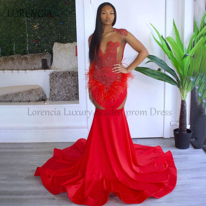 Sparkly Red 2024 Mermaid Black Girl Prom Dress Crystal Sequins Feathers Evening Party Gowns Formal Sleeveless vestidos de gala