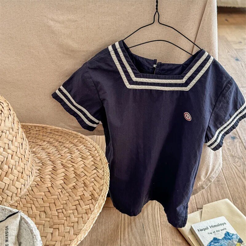 Vestido informal de manga corta para niña, ropa de algodón, color liso, estilo Preppy, novedad de verano, 2024