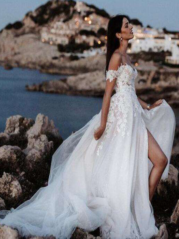 Женское свадебное платье It's yiiya, белое кружевное платье с открытыми плечами и разрезом сбоку в винтажном стиле на лето 2019