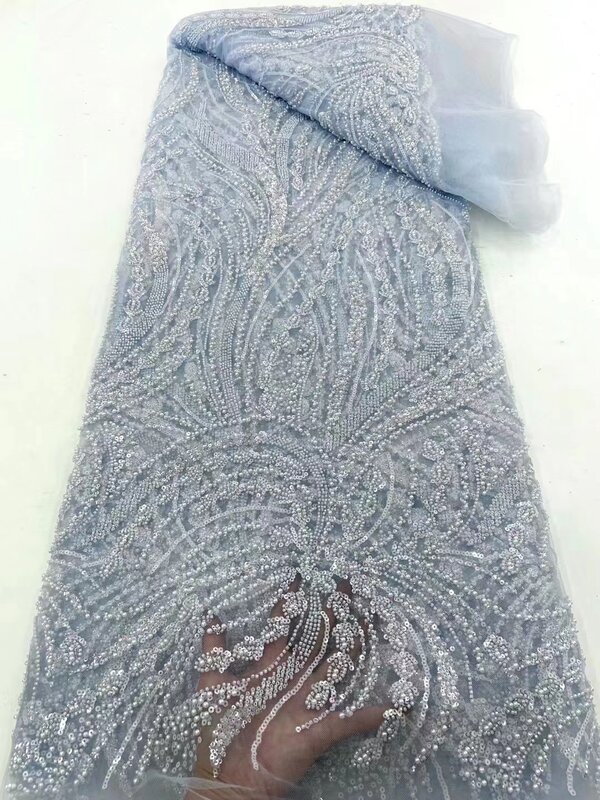 Tessuto di pizzo di Tulle di lusso con paillettes e perline a tubo ricamo tessuto di pizzo africano francese 2024 di alta qualità per abito da sposa