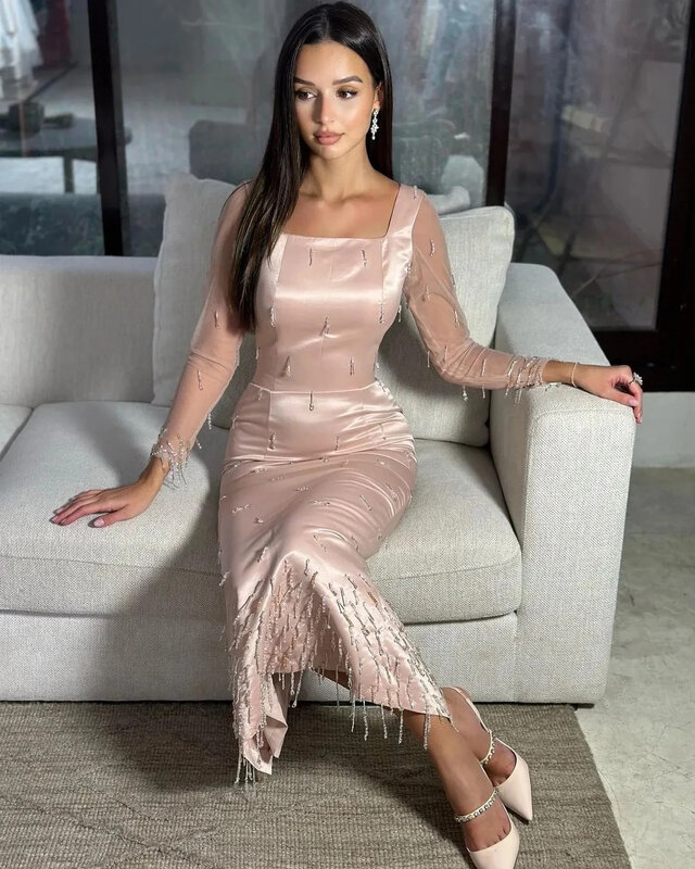 Pink Prom Gowns Square Collar Long Sleeves Wedding Party Dress Beadings Ruched Christmas Dresses Satin Ankle Length Evening Gown