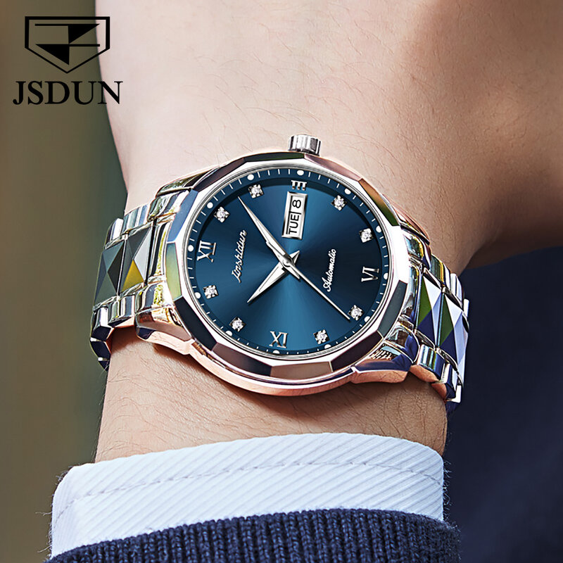 JSDUN ساعة أوتوماتيكية رجالية أصلية فاخرة التنغستن الصلب حزام الياقوت مرآة مقاوم للماء الذكور ساعة اليد هدية للزوج 8813