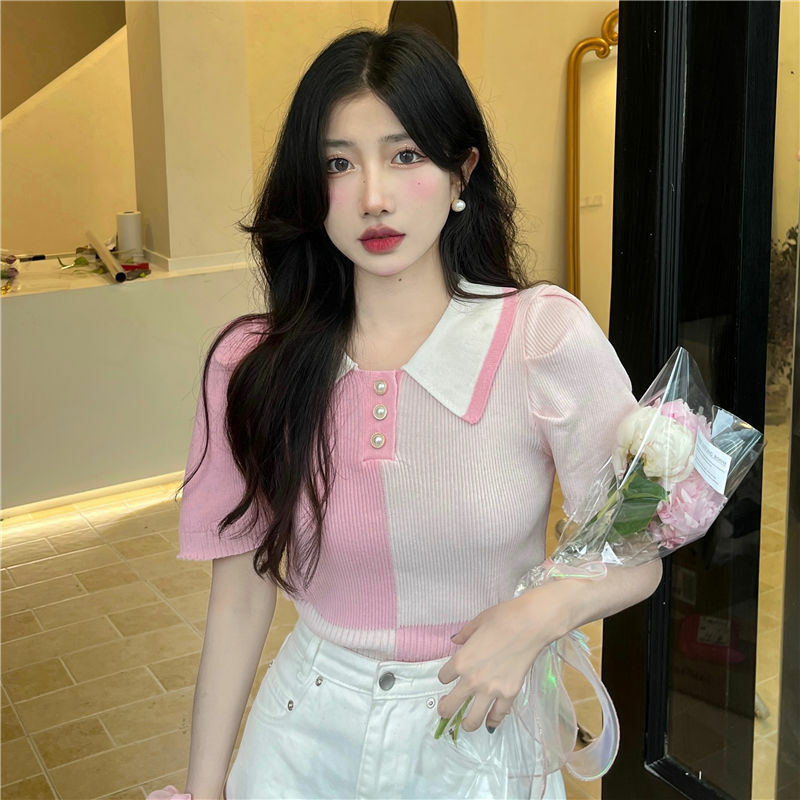 Camiseta polo de malha de manga curta feminina, blusa rosa coreana, fina, verão, novo, 2024