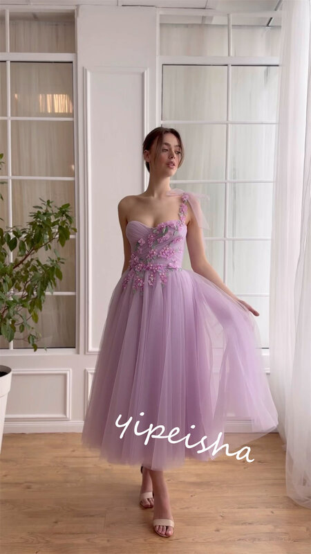 Prom Dress Evening Tulle Beading Flower Homecoming A-line Spaghetti Strap Bespoke Occasion Gown Midi Dresses Saudi Arabia