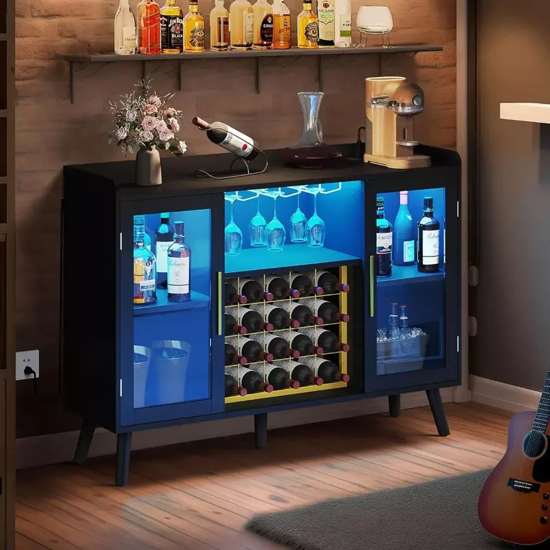 Armario de Bar de vino con luces Led y tomas de corriente, armario de Bar de café de 53 "para licor y vasos, aparador de Buffet moderno con
