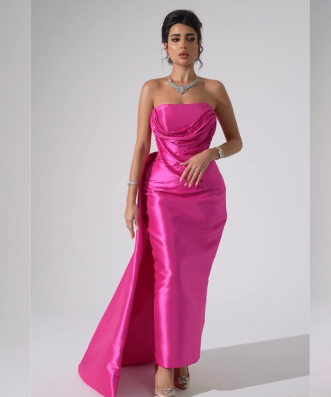 Simple Satin Pleat Column Strapless Midi Dresses Celebrity Dresses Modern Style Elegant Exquisite High Quality Sparkle Sexy