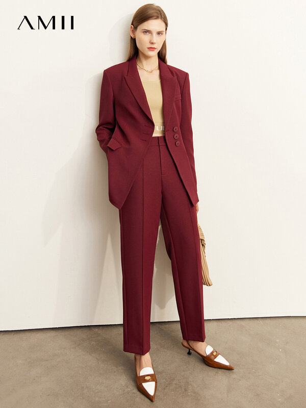 AMII-traje minimalista de otoño para mujer, Blazer elegante de manga larga para oficina y Pantalones rectos de cintura alta por separado, 12240982