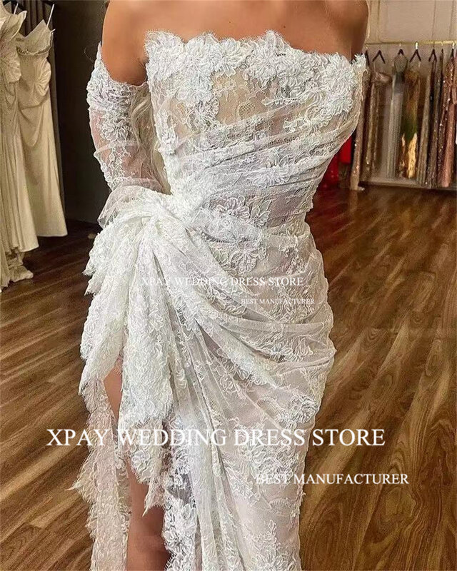 XPAY кружевное свадебное платье без бретелек с вырезом лодочкой и юбкой-годе сексуальное Плиссированное свадебное платье с высоким Боковым Разрезом длинные кружевные перчатки свадебное платье