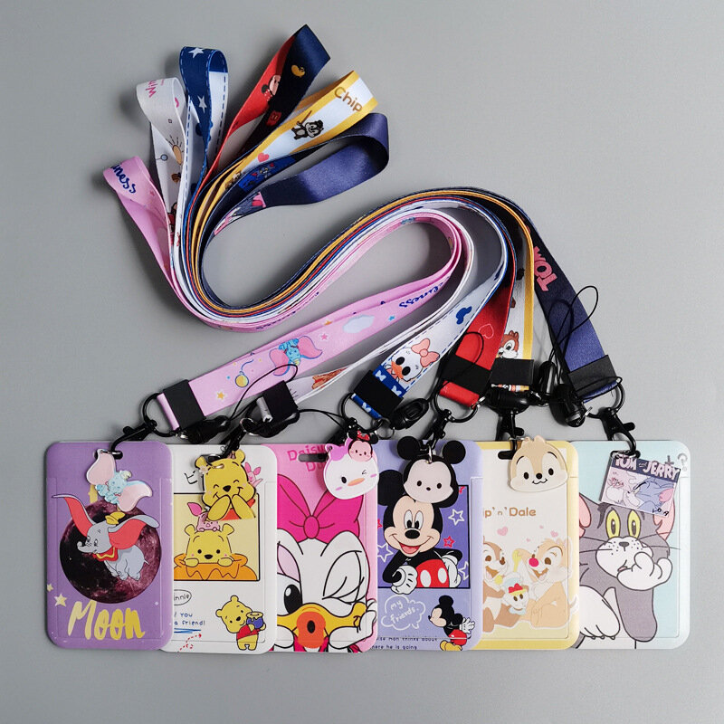 Originale Disney Cartoon Card Cover Mickey Mouse Winnie The Pooh Cute ABS Card Holder studente Campus Hanging Neck Bag regali per bambini