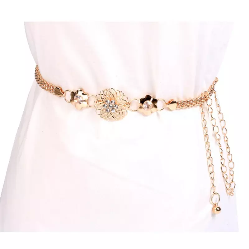 Cinturón de cadena de cintura de Metal elegante, hebilla dorada, cinturón de vestido de cadena de cuerpo, moda