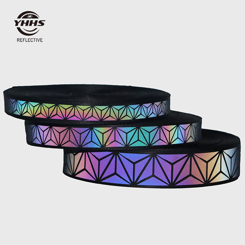 Cinta de patrón geométrico de nailon de alta visibilidad, cinta reflectante de arcoíris, costura en ropa