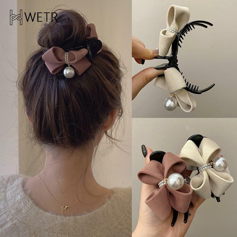 New Pearl Bow Tie Hair Claw Clip Plush Ponytail Fixed Elegant Hair Clip Women Headwear Accessory Gift For Girl