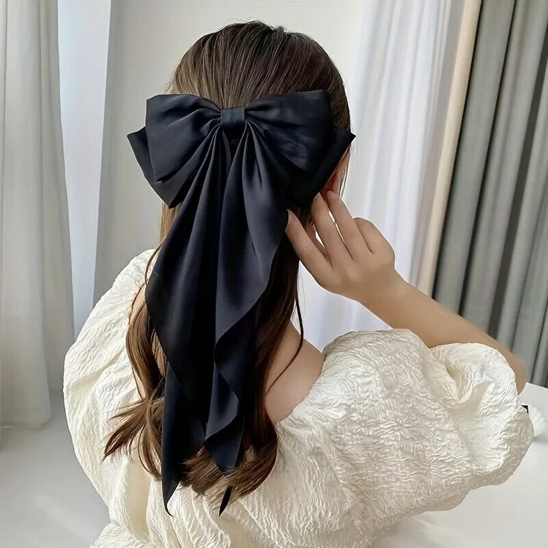 Заколка для волос с большим бантом женская, однотонная атласная лента, модный аксессуар на голову в Корейском стиле, лето 2023