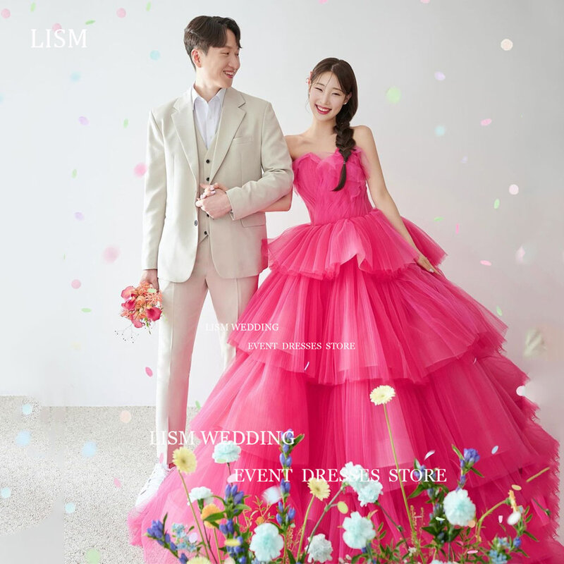 Lisme Rose Red A Line Korea Avondjurken Fotoshoot Ruches Fee Tule Gedrapeerde Gelaagde Bruiloft Prom Formele Gelegenheid Jurken 2024