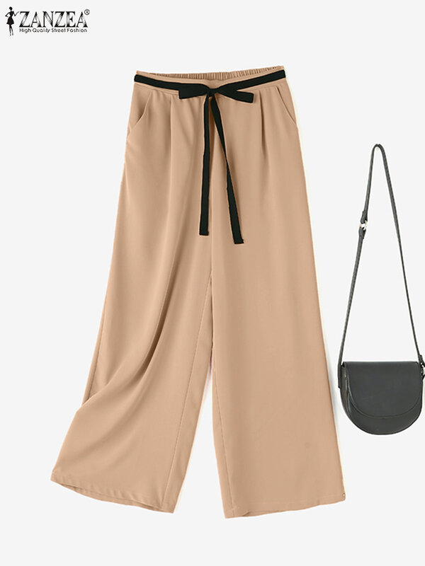 Zanzea กางเกงแฟชั่นสำหรับผู้หญิงเกงขายาว, กางเกงทรงหลวมเอวสูงลำลองหรูหราสีพื้นกางเกงขายาวทรงหลวมลำลองสำหรับฤดูร้อน2024