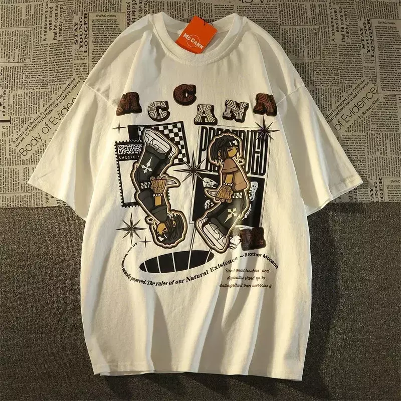 T-shirt retrô de manga curta masculina, solta e versátil, estilo europeu e americano, top meia manga, marca de moda