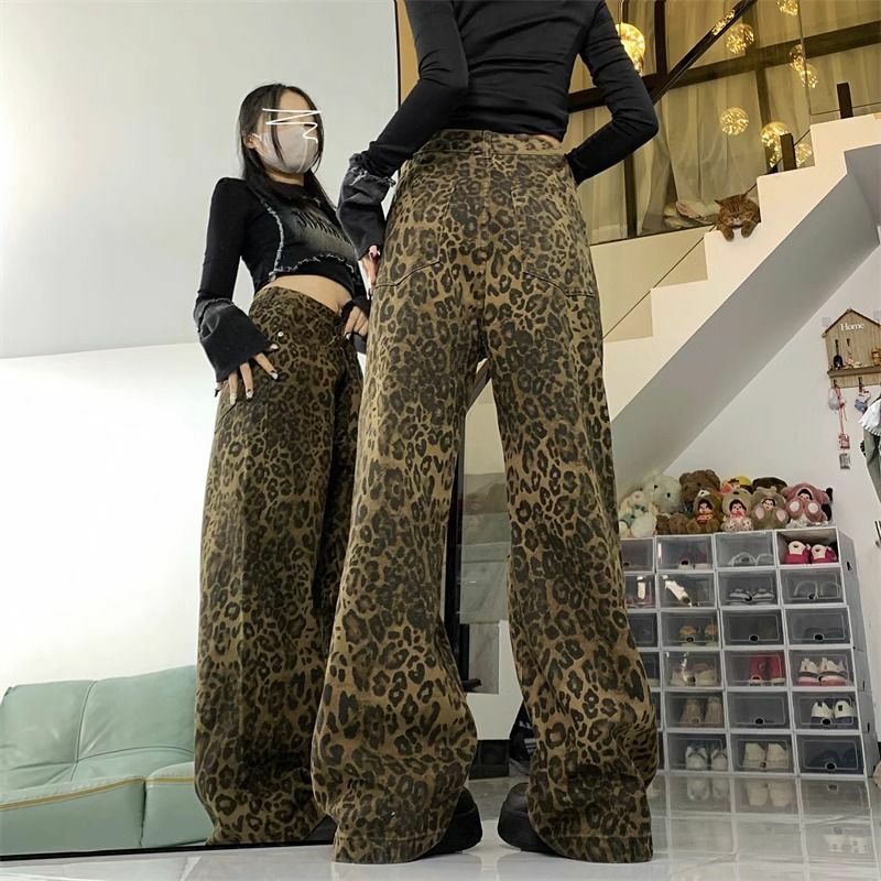 Мешковатые джинсы с леопардовым принтом, женские брюки, новинка 2024, повседневные широкие брюки в европейском и американском стиле, модные прямые джинсы в стиле ретро