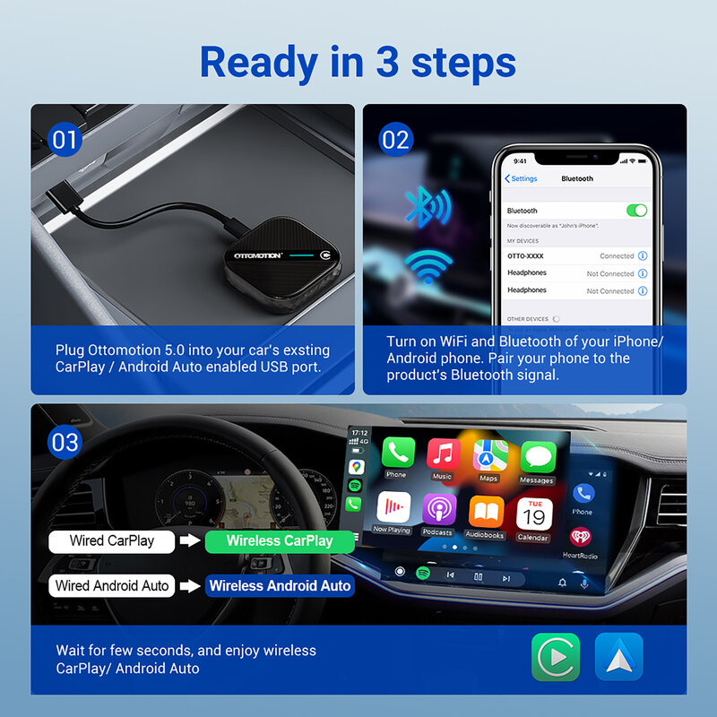 OTTOMOTION 5.0 Wireless Apple CarPlay Android Auto Adapter Wireless Box for Benz VW Kia Haval Toyota Mazda Ford Audi Accessories