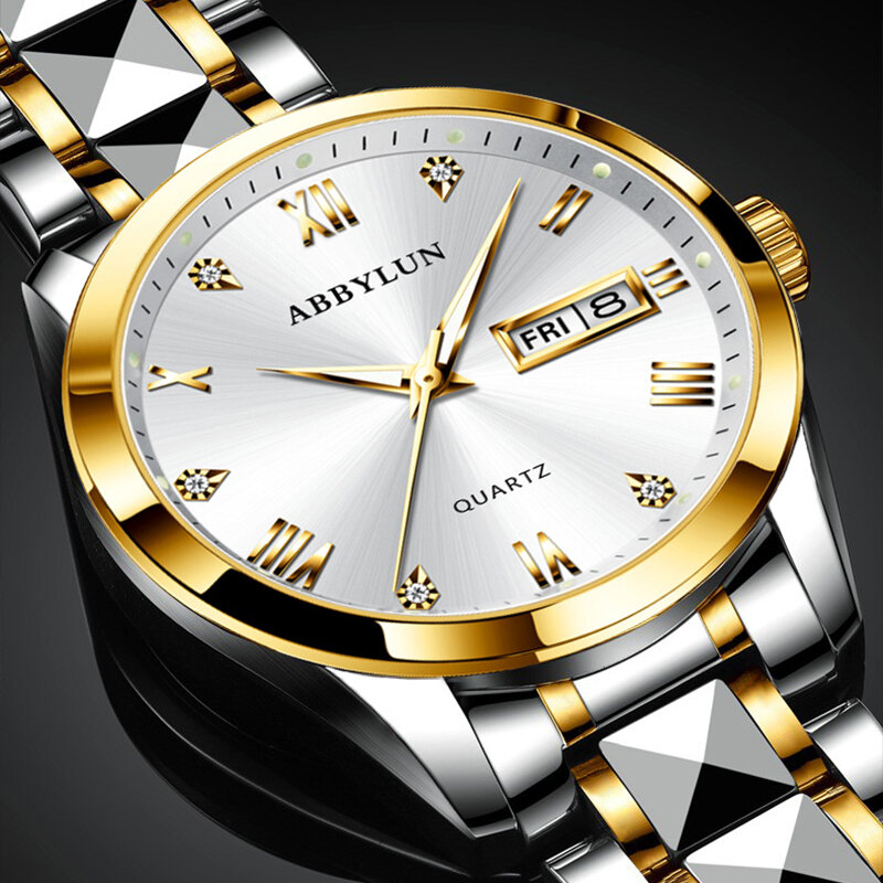 ABBYLUN 985 orologio al quarzo da uomo moda per il tempo libero semplice diamante data cinturino in acciaio inossidabile orologi da polso per orologio maschile regalo di compleanno