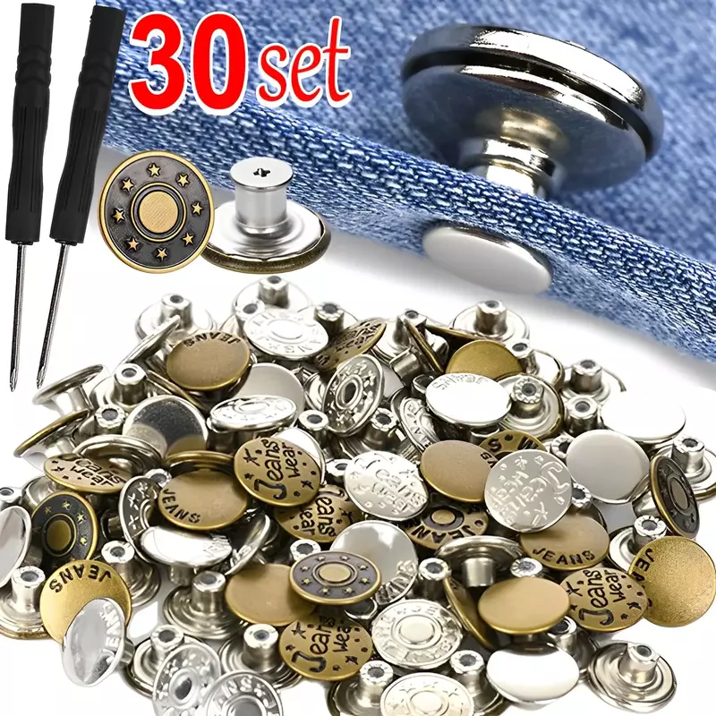 10/30set Detachable Jeans Buttons Adjustable Free Waist Metal Button No Sewing Pants Buckles Screw Nail Repair Kit Send Tools