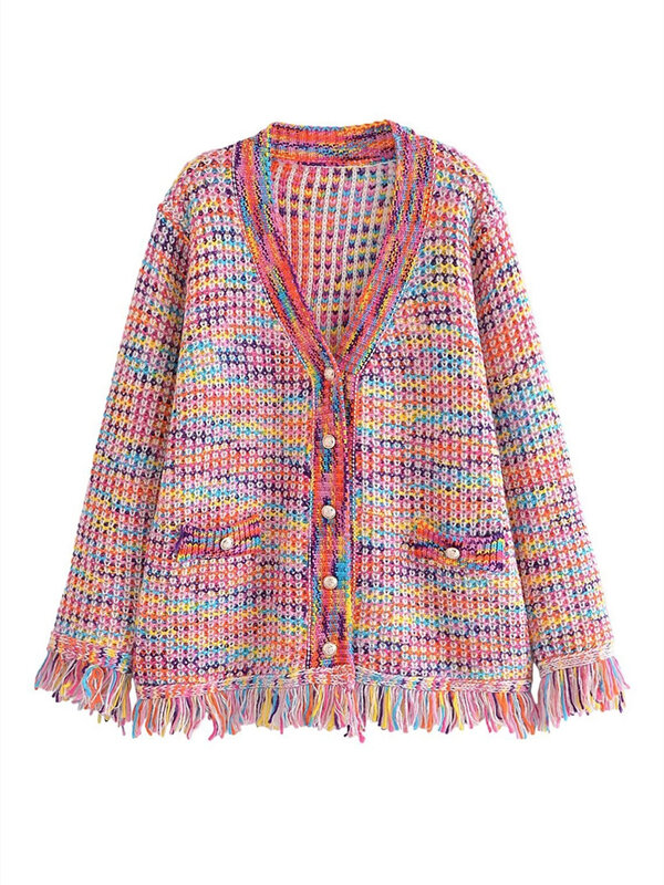 2024 neue Herbst Regenbogen Farbe Strick pullover Frauen Mode Quaste Dekoration Strickjacke Vintage einreihige kausale Tops