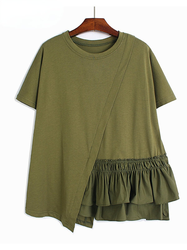 Women Army Green Pleated Irregular Casual T-shirt New Round Neck Short Sleeve Fashion Tide Spring Summer 2022