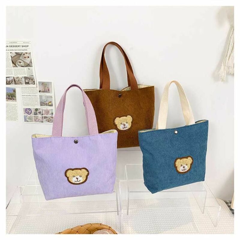 Bolso de mano de pana de Color sólido para niñas, bolso informal de oso, bolso de hombro coreano lindo