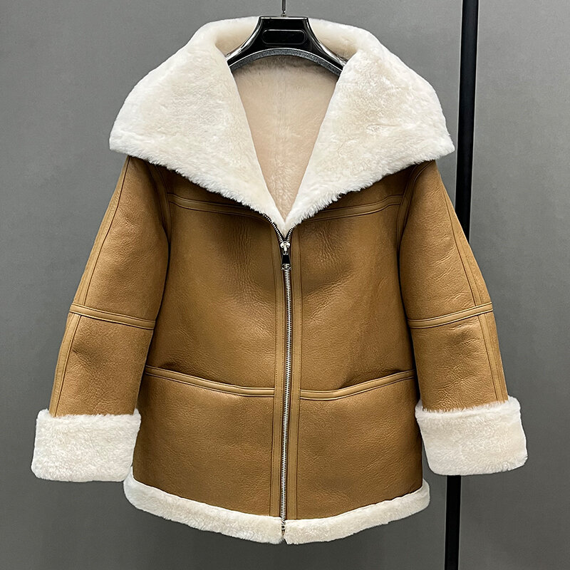Jaket kulit wanita 2023, jaket kulit domba asli, jaket sepeda motor wajah ganda, mantel hangat musim dingin MH3894L