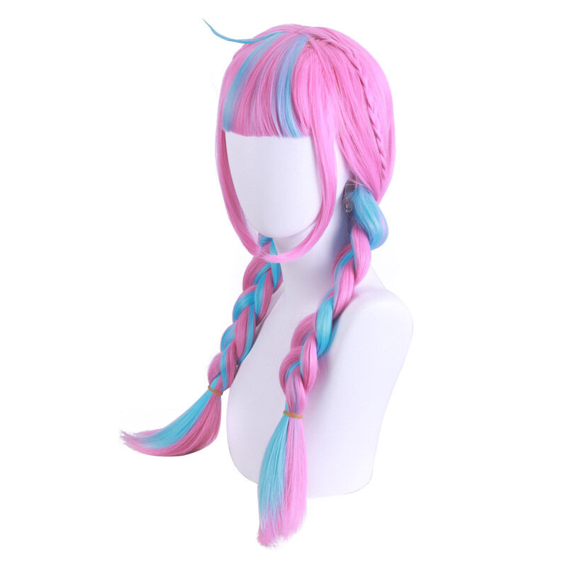 Wig dua kepang rambut Anime warna-warni Cos harian dengan klip Wig sintetis untuk Cosplay merah muda biru