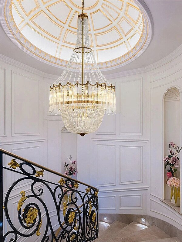 Europejski styl całkowicie miedziany kryształowy długi żyrandol francuski schody duplex budynek salon kreatywny luksusowa atmosfera willi