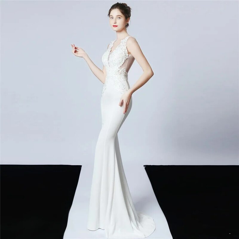 Laço branco cetim sereia vestido de baile applique contas sem mangas elegante robe de mariée formal pageant festa de hóspedes vestido de noite