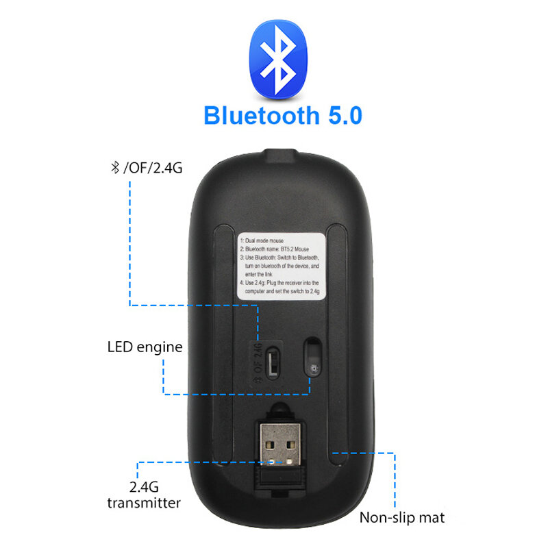 Ratón inalámbrico con Bluetooth para ordenador portátil y PC, periférico RGB recargable, retroiluminado con LED, ergonómico, 2,4G