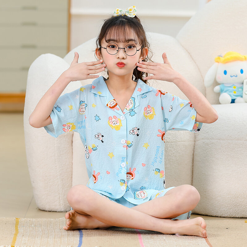Kinder pyjamas Mädchen neue kurz ärmel ige Revers Sommer Student Cartoon niedlichen Strickjacke Home Kleidung Set kann äußerlich getragen werden