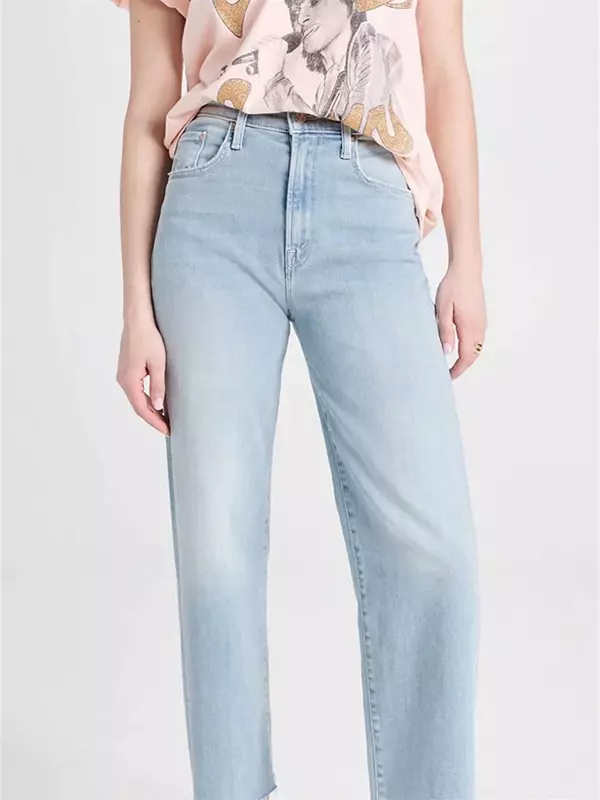 Jeansy damskie jednolity kolor wysoki stan proste, na wiosnę letnie luźny dżins spodnie do kostek