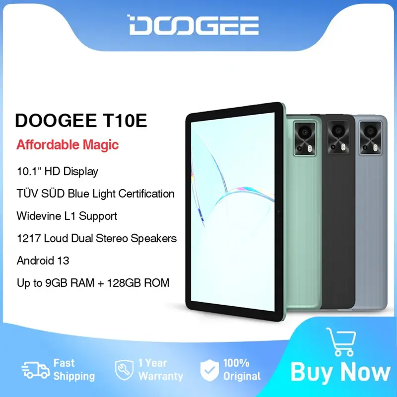 DOOGEE T10E Tablet 10.1"HD Display TÜV SÜD Blue Light Certification 9+128GB Octa Core Widevine L1 Hi-Res Speaker Dual 4G 6580mAh