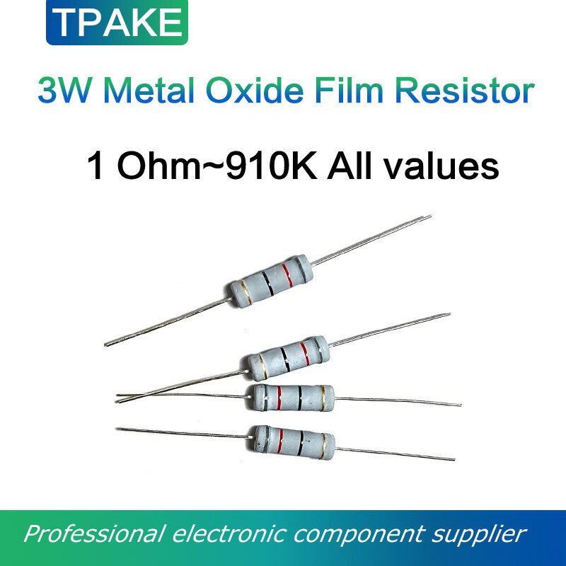 Resistor Film oksida logam 3Watt, 100/120/150/180/200/220/240/270/300/330/360/390/430/470/510/560/620 680/750/820/910K R E Ohm