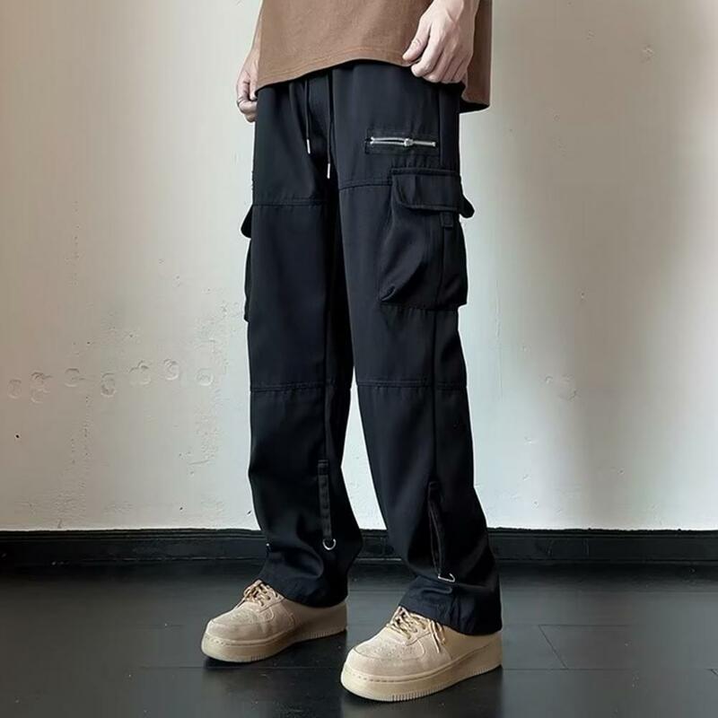 Soft Touch Men Pants Men's Wide Leg Cargo Pants with Drawstring Waist Multiple Pockets for Casual Comfort in Spring Summer Fall