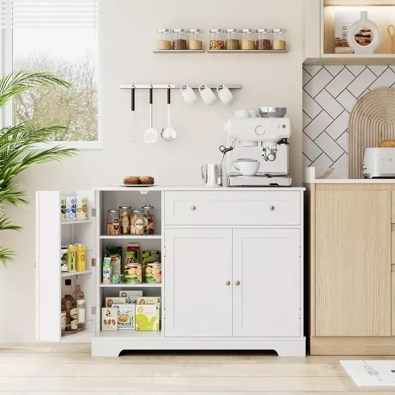 Buffet Cabinet with Storage,  Wood Coffee Bar Kitchen Storage Cabinet with Drawer and Adjustable Shelf , White