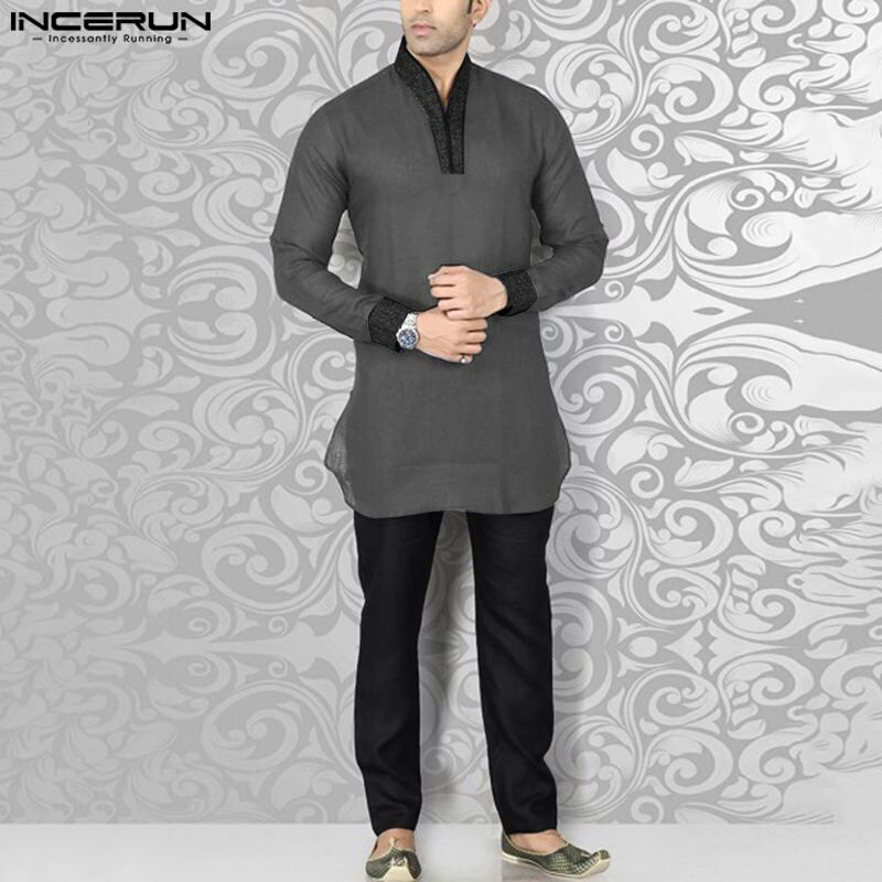 INCERUN-camisas de mangas compridas masculinas, design de patchwork dupla cor, gola em pé, tops novos, estilo muçulmano, venda quente, S-5XL, 2023