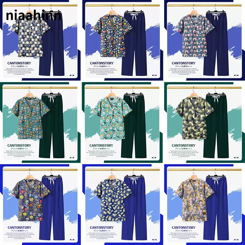 Unisex Health Center Cartoon Workwear, V-neck Tops, Salão de Beleza, Spa Uniformes, Senhoras, Hospital Scrub, Scrubs