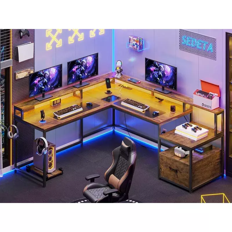 مكتب على شكل O ، 66 "، مكتب منزلي مع درج ملف ومنفذ طاقة ، مكتب ألعاب مع أضواء LED ، مكتب كمبيوتر زاوية