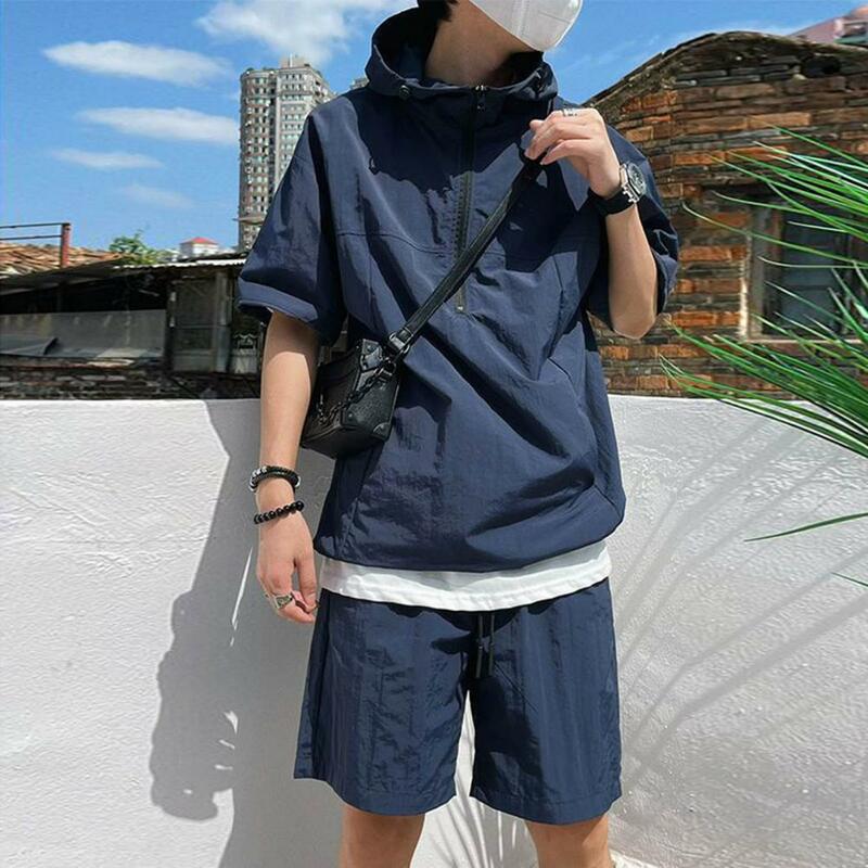Conjunto de pantalones cortos Cargo Harajuku para hombre, camiseta de manga corta con cuello con cremallera y capucha, pantalones cortos de pierna ancha, chándal de verano, 2 piezas