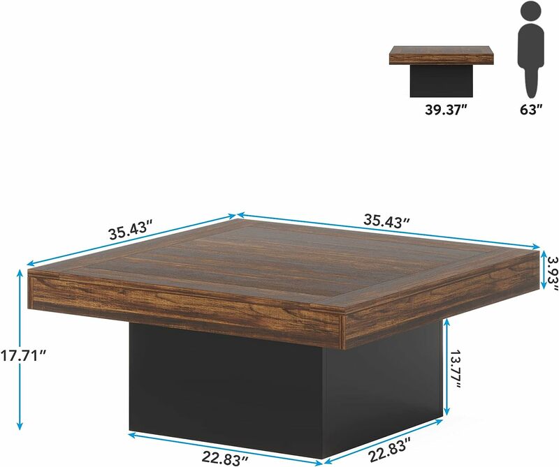Кофейный столик Tribesigns, квадратный зеркальный кофейный столик, инженерный низкий кофейный столик из дерева для гостиной, деревенский коричневый и черный
