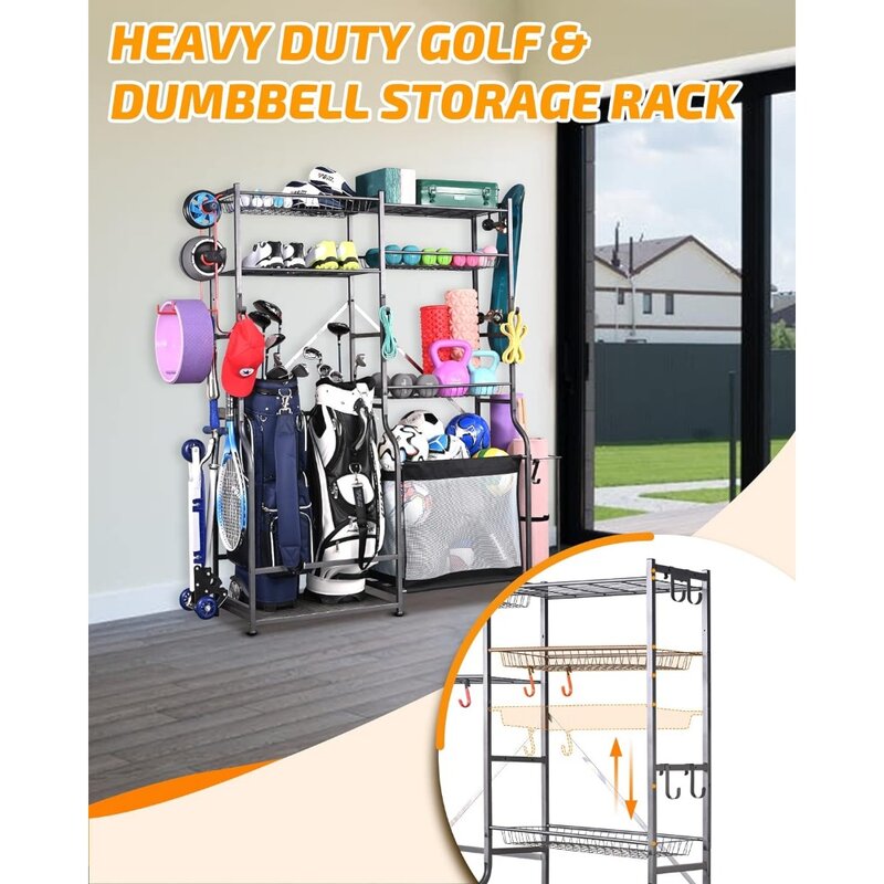 PLKOW Golf Storage Ball Rack Garage Organizer, 2 Golf Bag Organizer and Other Sports Equipment Organizer for Garage
