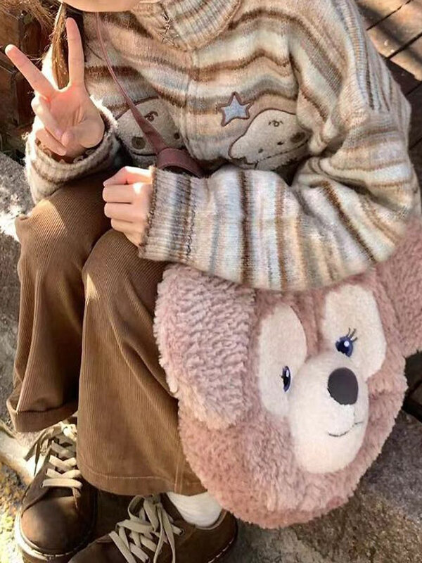 Deeptown Harajuku Kawaii pies haft sweter damski w stylu Vintage dzianinowy sweter w paski z dzianiny na zamek błyskawiczny Y2K Top japoński