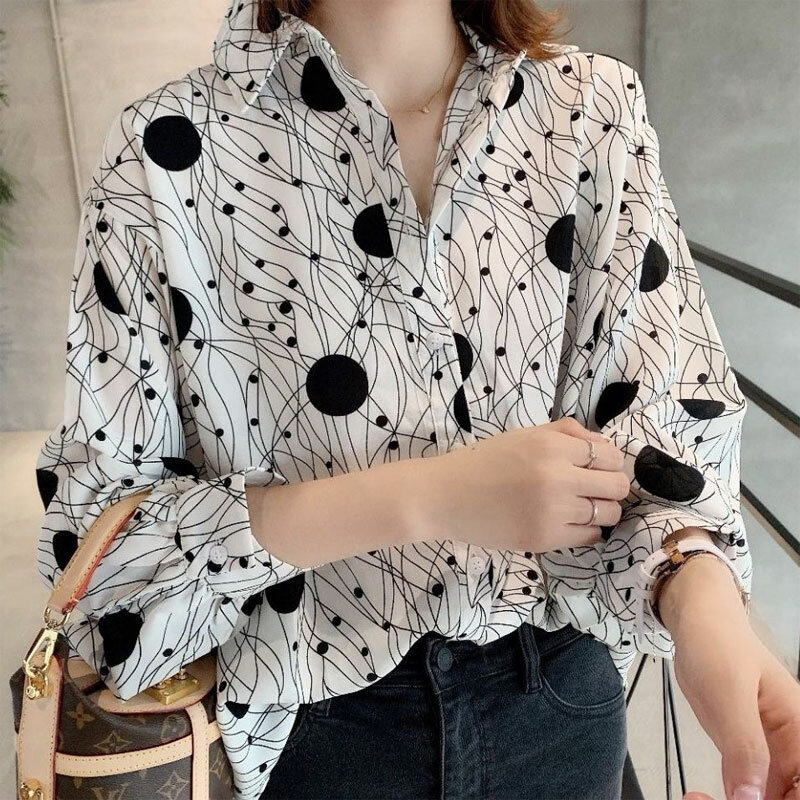 Camisa coreana con estampado de lunares para mujer, blusa básica de manga larga, holgada e informal, a la moda, para oficina, primavera y otoño